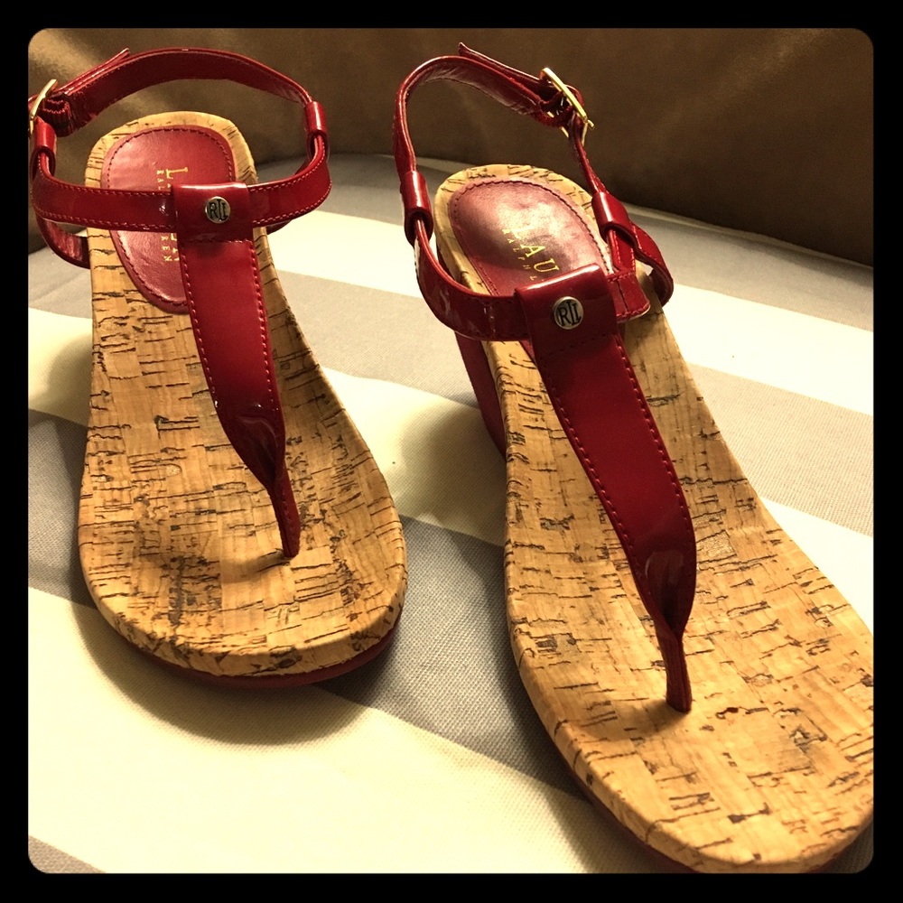 Ralph Lauren Red Strapy Wedged Heel